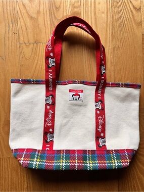 Disney Canvas Tote with Red Character Straps and Plaid Trim